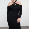 Trendyol Curve Black Halter Neck Ribbed Midi Knit Dress