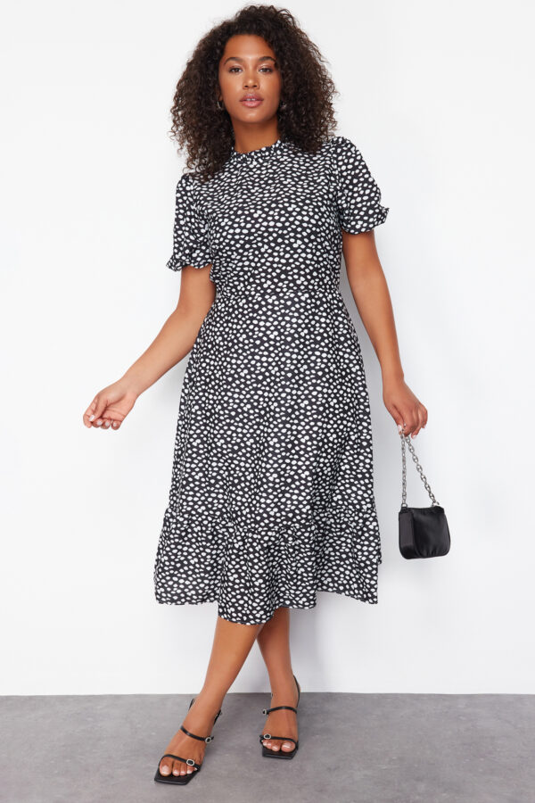 Trendyol Curve Black High Collar Animal Patterned Balloon Sleeve Long Woven Dress