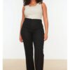 Trendyol Curve Black High Waist Ribbed Stitched Spanish Leg Woven Fabric Trousers