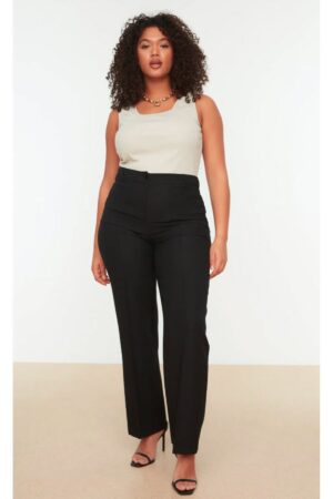 Trendyol Curve Black High Waist Ribbed Stitched Spanish Leg Woven Fabric Trousers