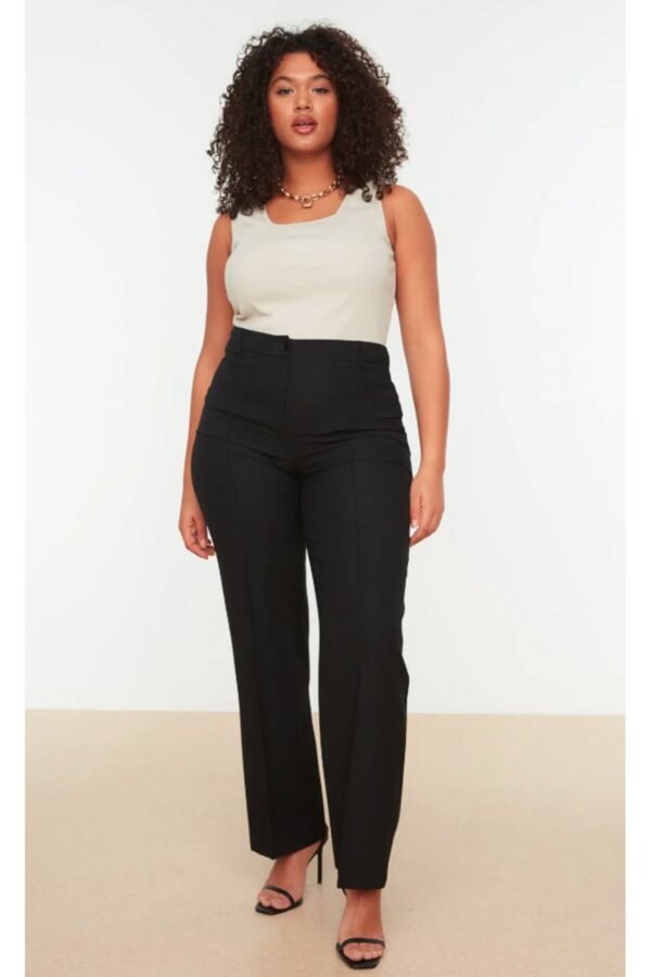 Trendyol Curve Black High Waist Ribbed Stitched Spanish Leg Woven Fabric Trousers