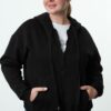 Trendyol Curve Black Hooded Plus Size Knitted Sweatshirt with Fleece Inside and Zipper on the Front