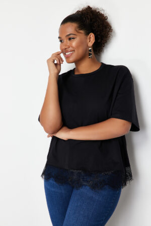 Trendyol Curve Black Lace 100% Cotton Knitted T-shirt