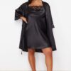 Trendyol Curve Black Lace Detailed Belted Satin Woven Dressing Gown