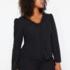 Trendyol Curve Black Lace V-Neck Buttoned Plus Size Woven Blouse