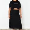 Trendyol Curve Black Lined Tulle Maxi Knit Plus Size Skirt