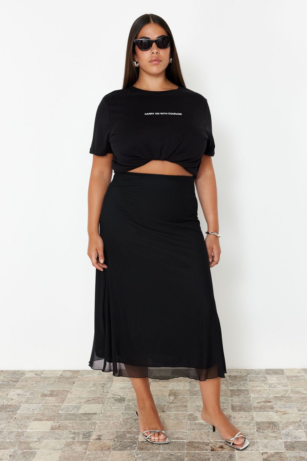 Trendyol Curve Black Lined Tulle Maxi Knit Plus Size Skirt
