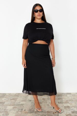 Trendyol Curve Black Lined Tulle Maxi Knit Plus Size Skirt