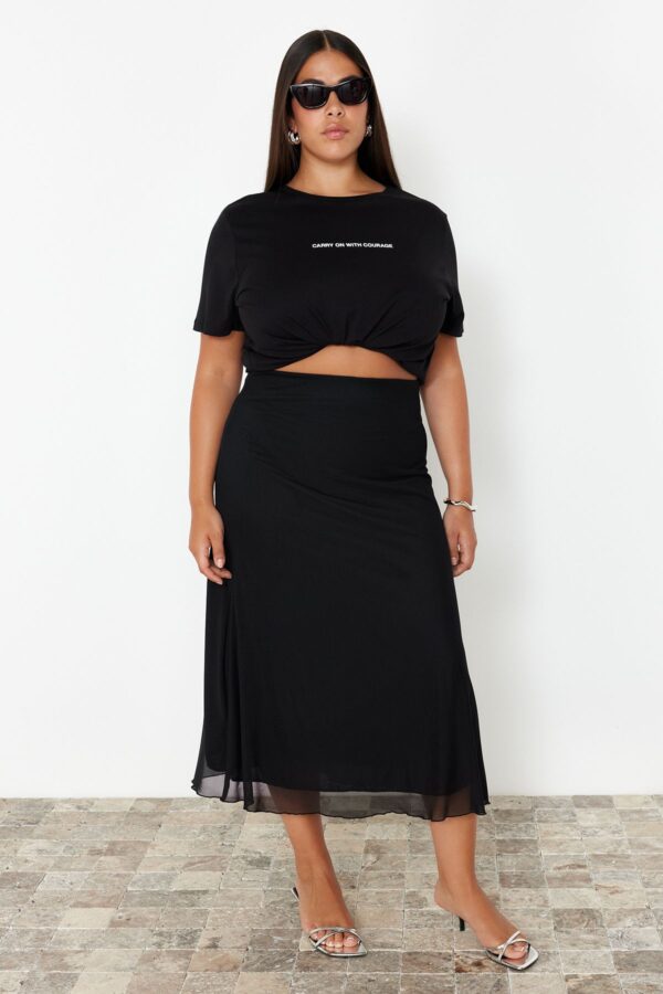 Trendyol Curve Black Lined Tulle Maxi Knit Plus Size Skirt