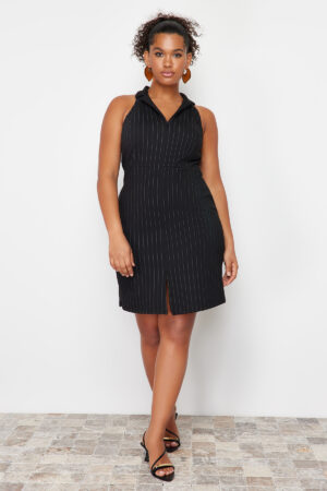 Trendyol Curve Black Polo Collar Striped Mini 100% Cotton Knitted Plus Size Dress