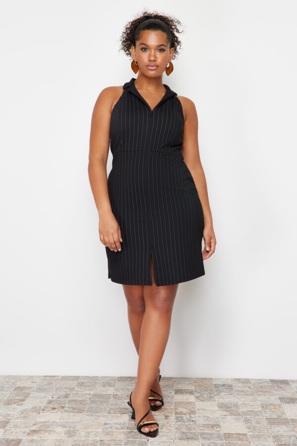 Trendyol Curve Black Polo Collar Striped Mini 100% Cotton Knitted Plus Size Dress