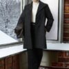 Trendyol Curve Black Regular Fit Stand-up Collar Herringbone Patterned Coat