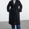 Trendyol Curve Black Regular Fit Wide Collar Detailed Long Wool Blend Cashew Coat