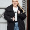 Trendyol Curve Black Regular Fit Wide Collar Waist Tie Detailed Coat