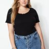 Trendyol Curve Black Ribbed Pool Collar Knitted Plus Size Blouse