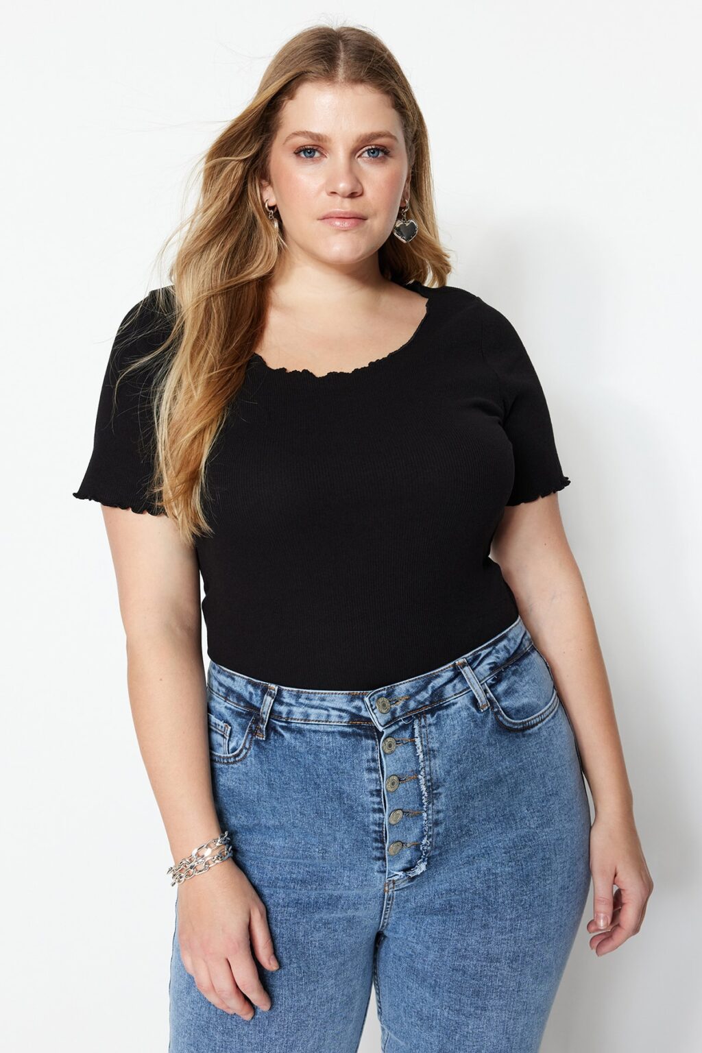 Trendyol Curve Black Ribbed Pool Collar Knitted Plus Size Blouse