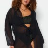 Trendyol Curve Black Short Chiffon Kimono & Kaftan with Tie Detail