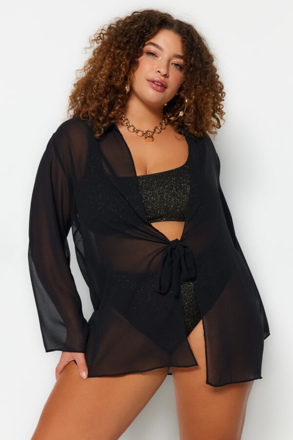 Trendyol Curve Black Short Chiffon Kimono & Kaftan with Tie Detail