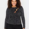 Trendyol Curve Black Silvery Crew nyak kivágott részletes kötöttáru pulóver