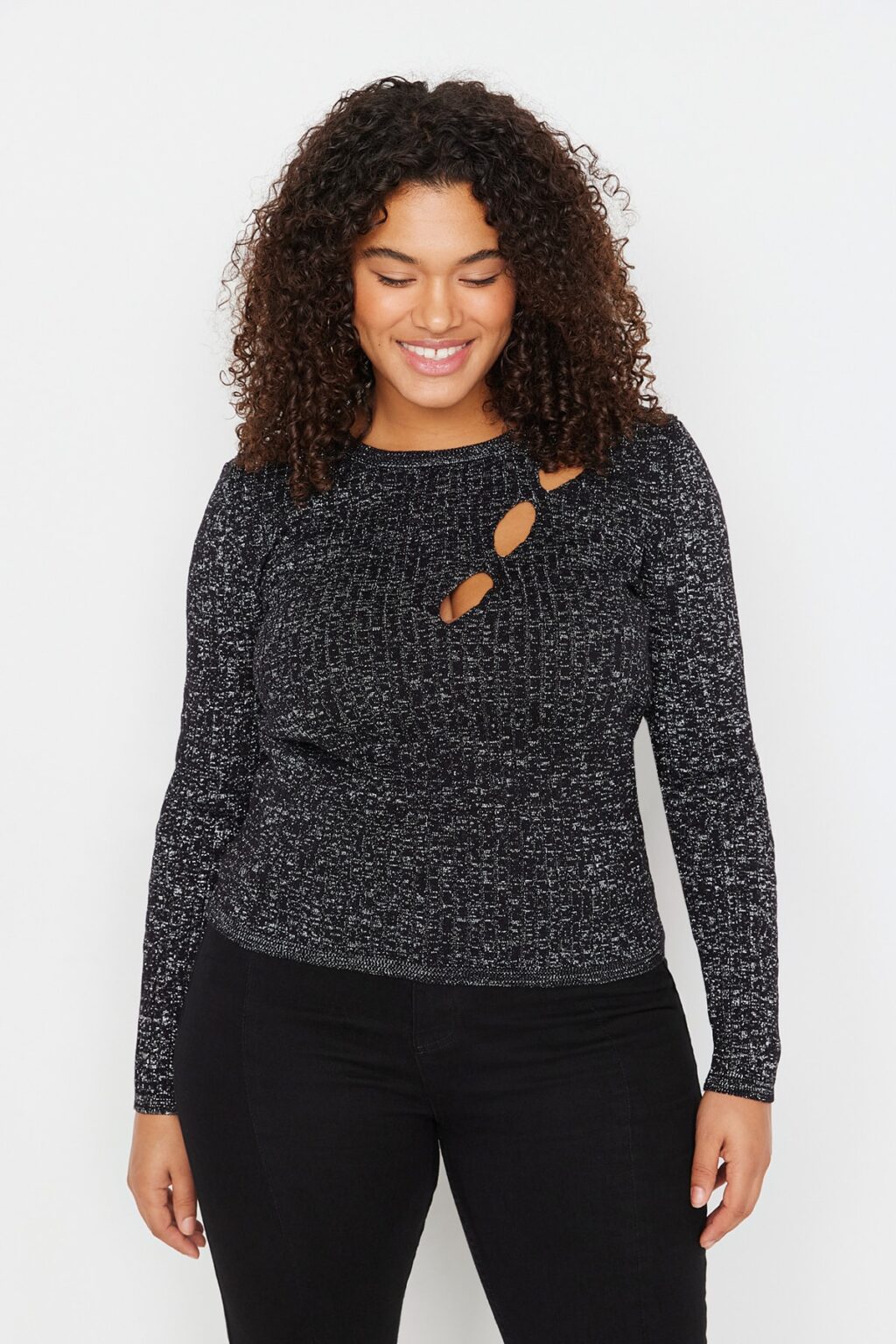 Trendyol Curve Black Silvery Crew nyak kivágott részletes kötöttáru pulóver