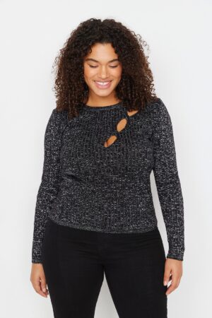 Trendyol Curve Black Silvery Crew nyak kivágott részletes kötöttáru pulóver