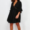 Trendyol Curve Black Sleeve Ruffle Lace Strip Detail Mini Plus Size Beach Dress