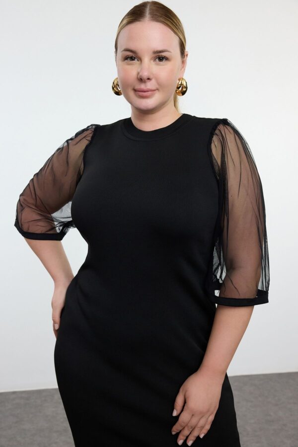 Trendyol Curve Black Sleeves Tulle Midi Length Knitwear Dress