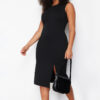 Trendyol Curve Black Slit Detail Midi 100% Cotton Knitted Plus Size Dress