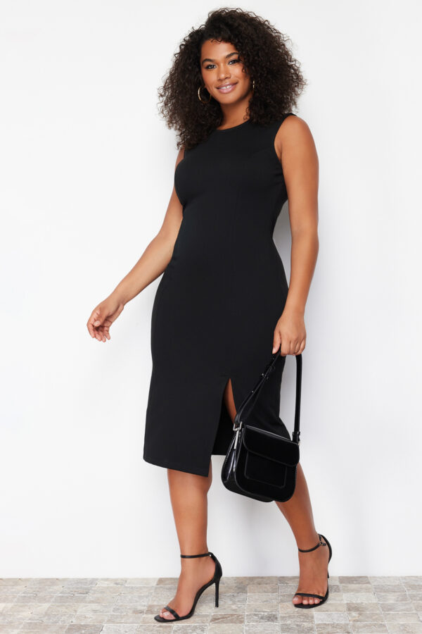 Trendyol Curve Black Slit Detail Midi 100% Cotton Knitted Plus Size Dress