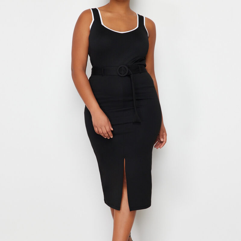 Trendyol Curve Black Slit Detailed Belted Midi Knitted Skirt