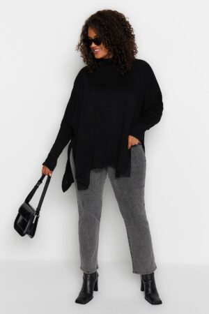 Trendyol Curve Black Slit részletes kötöttáru pulóver