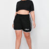 Trendyol Curve Black Slogan Printed Piping Detailed Knitted Plus Size Shorts & Bermuda
