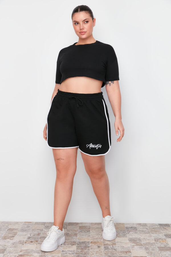 Trendyol Curve Black Slogan Printed Piping Detailed Knitted Plus Size Shorts & Bermuda