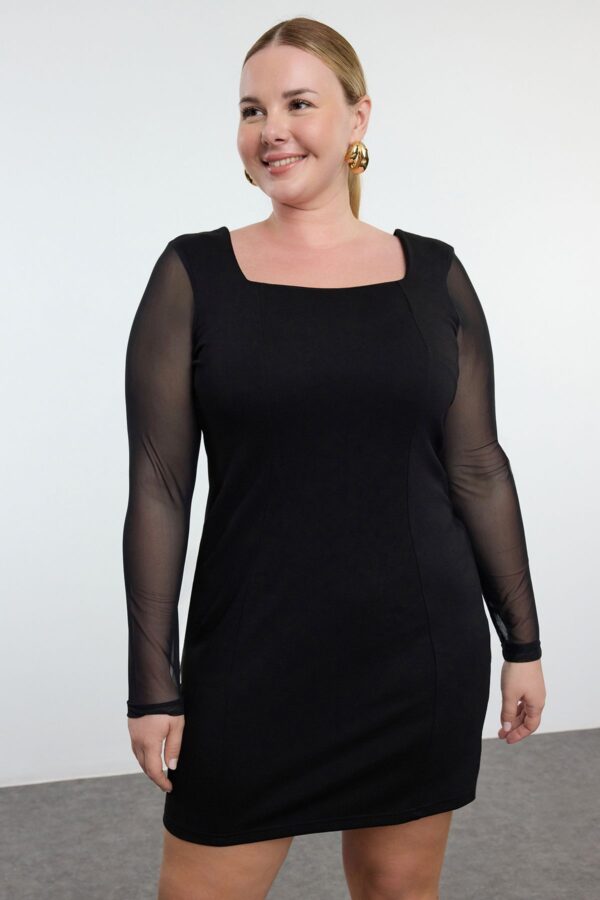 Trendyol Curve Black Square Neck Sleeves Tulle Knitted Plus Size Dres