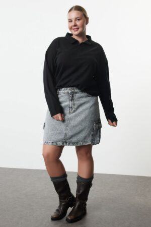 Trendyol Curve Black Stand Collar Zippered Thessaloniki Thin Knitted Sweatshirt