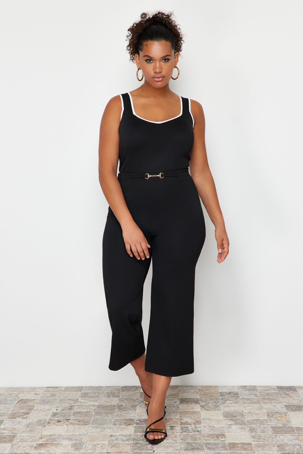 Trendyol Curve Black Stripe Detailed Square Neck Bodycon Knit Blouse