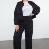 Trendyol Curve Black Striped Elastic Waist Plus Size Woven Trousers