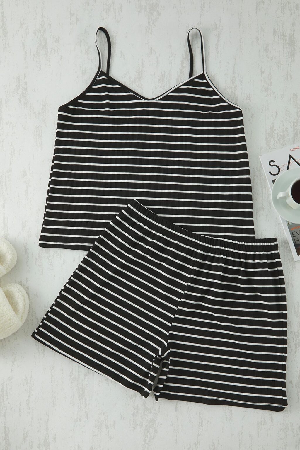Trendyol Curve Black Striped Thin Strap Knitted Pajama Set