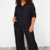 Trendyol Curve Black Textured Button-Woven Shirt-Pants Plus Size Bottom-Top Set