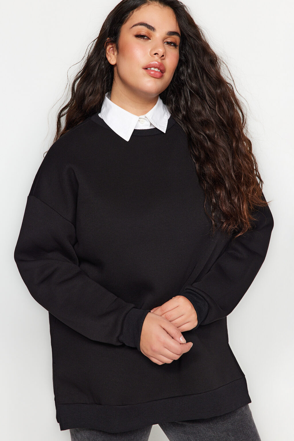 Trendyol Curve Black Thick Polar Fleece Inside Slit Oversize Knitted Plus Size Sweatshirt