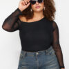 Trendyol Curve Black Tulle Lined Asymmetric Collar Knitted Plus Size Blouse
