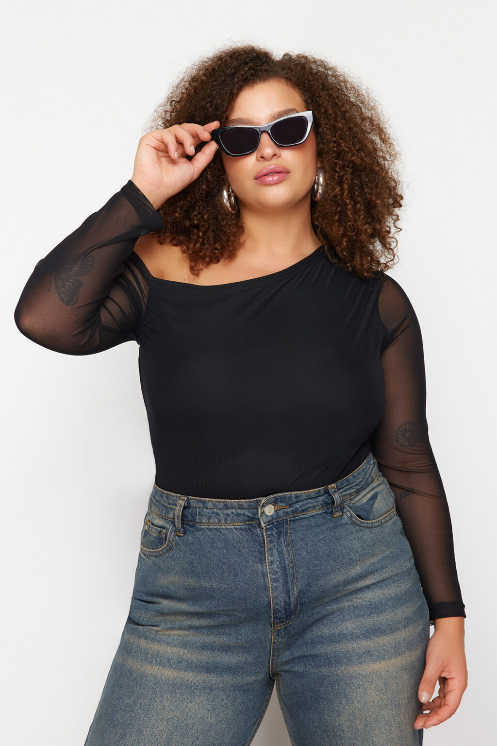 Trendyol Curve Black Tulle Lined Asymmetric Collar Knitted Plus Size Blouse