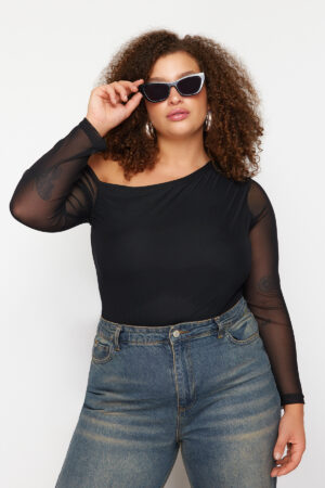 Trendyol Curve Black Tulle Lined Asymmetric Collar Knitted Plus Size Blouse