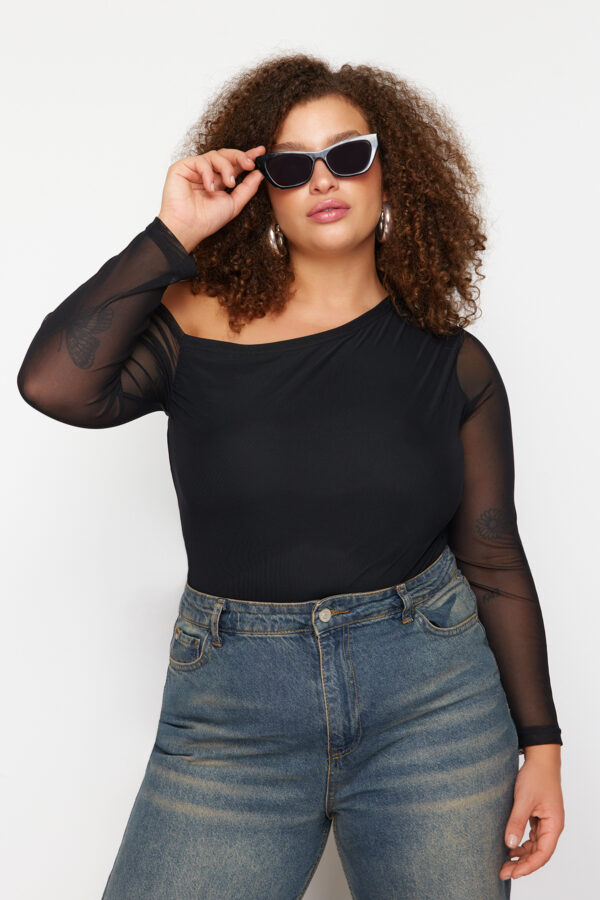 Trendyol Curve Black Tulle Lined Asymmetric Collar Knitted Plus Size Blouse