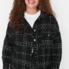 Trendyol Curve Black Tweed Long Sleeve Winter Woven Plus Size Shirt/Jacket