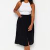 Trendyol Curve Black Viscose Woven Skirt with Slit Detail.