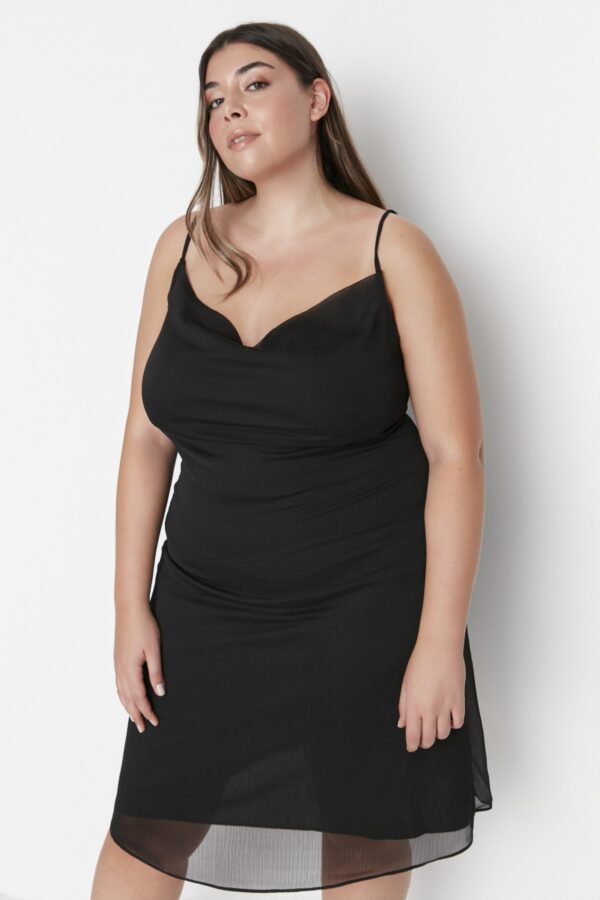 Trendyol Curve Black Weave Satin-Look Dress with Thin Straps