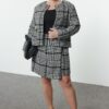Trendyol Curve Black-White Houndstooth Patterned Plus Size Jacket
