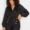 Trendyol Curve Black Woven Long Sleeve Double Breasted Satin Plus Size Bodysuit