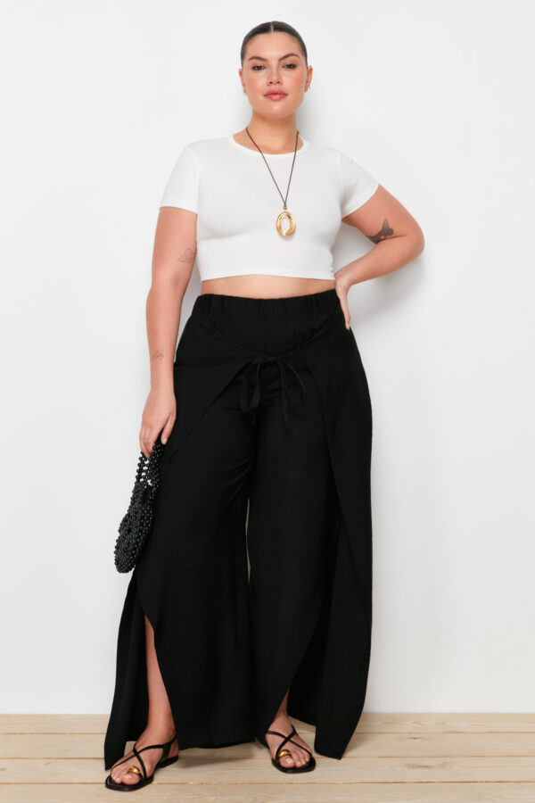 Trendyol Curve Black Wrap Closure Detail Wide Leg Beachwear Woven Plus Size Trousers